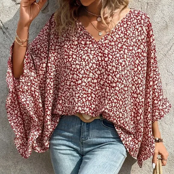 Multicolor Boho Womens Ditsy Floral Print Batwing Sleeve Blouse - Picture 3 of 5